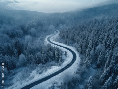 road through a winter forest. view from above. 