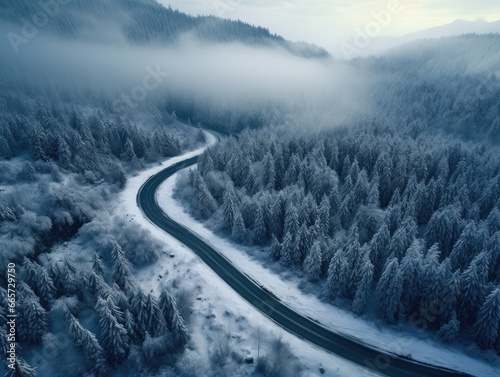 road through a winter forest. view from above.  © LeitnerR