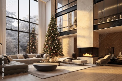 modern interior. light livingroom with a decorated chirstmastree.