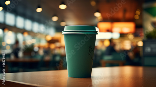 A reusable coffee cup sits in a cafe or motorway service area. photo