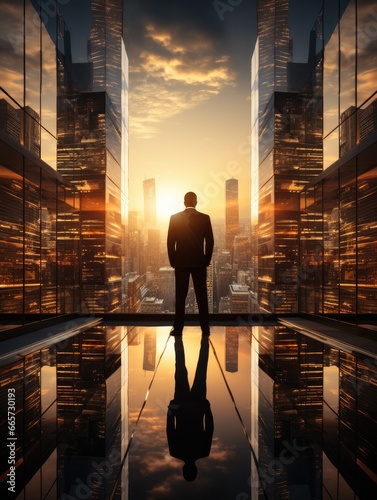 businessman in a modern glass building in front of a skyline during sunset. 