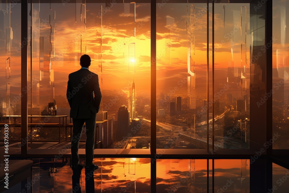 businessman in a modern glass building in front of a skyline  during sunset. 