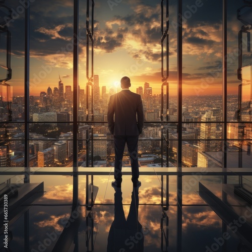 businessman in a modern glass building in front of a skyline  during sunset. 