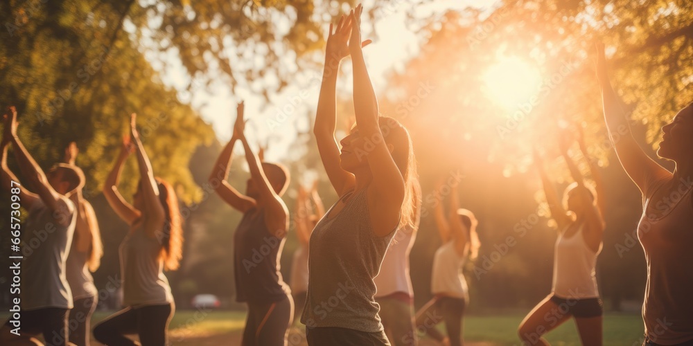 group of young people practicing yoga in the park.  - obrazy, fototapety, plakaty 