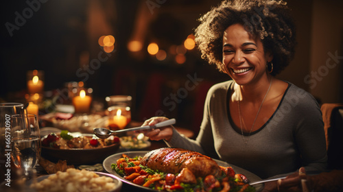 An elated elderly African-American female conferred a delectable, stuffed turkey to the dining table for Thanksgiving with her family.