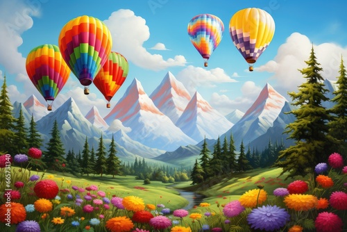 Landscape with colorful balloons Colorful air balloons flying over rainbow-colored air balloons © PinkiePie