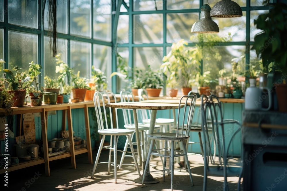 light interior of a small cafe in a glasshouse with lots of healthy plants. 
