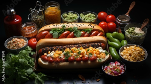 crafting the ultimate hotdog: an enticing culinary adventure showcasing the assembly and harmonious blend of its diverse ingredients. Ai Generated