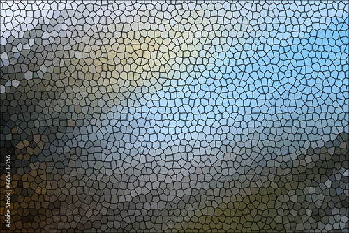 Translucent stained glass backdrop with sky and nature silhouettes