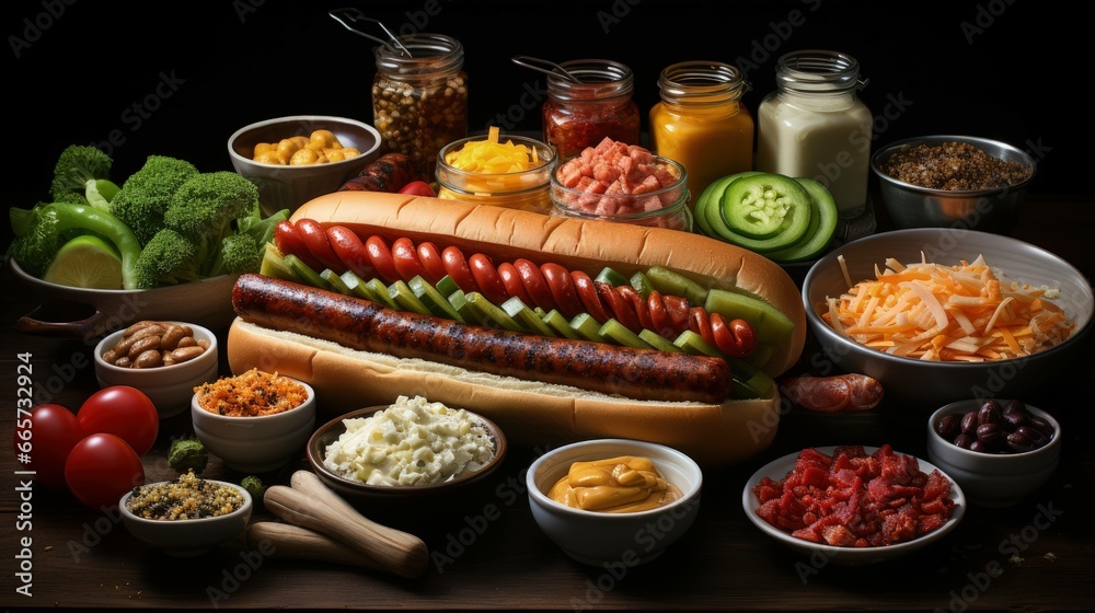 crafting the ultimate hotdog: an enticing culinary adventure showcasing the assembly and harmonious blend of its diverse ingredients. Ai Generated - obrazy, fototapety, plakaty 