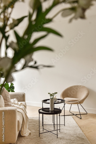 a living room with two chairs and a coffee table in the photo is taken from the side, while it's blurry
