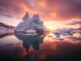 cinematic scene of some icebergs in the sea during sunset with beautiful reflections in the water. 