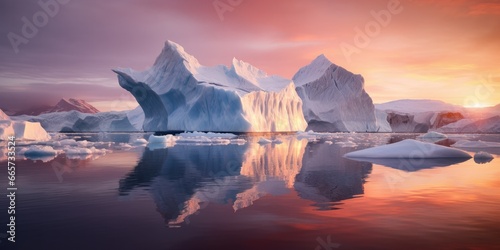 cinematic scene of some icebergs in the sea during sunset with beautiful reflections in the water. 