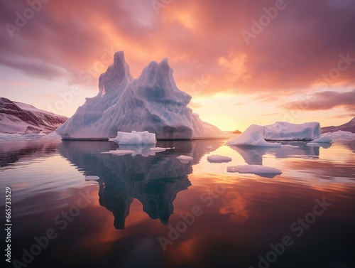 cinematic scene of some icebergs in the sea during sunset with beautiful reflections in the water. 