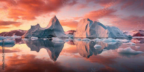 cinematic scene of some icebergs in the sea during sunset with beautiful reflections in the water.  © LeitnerR