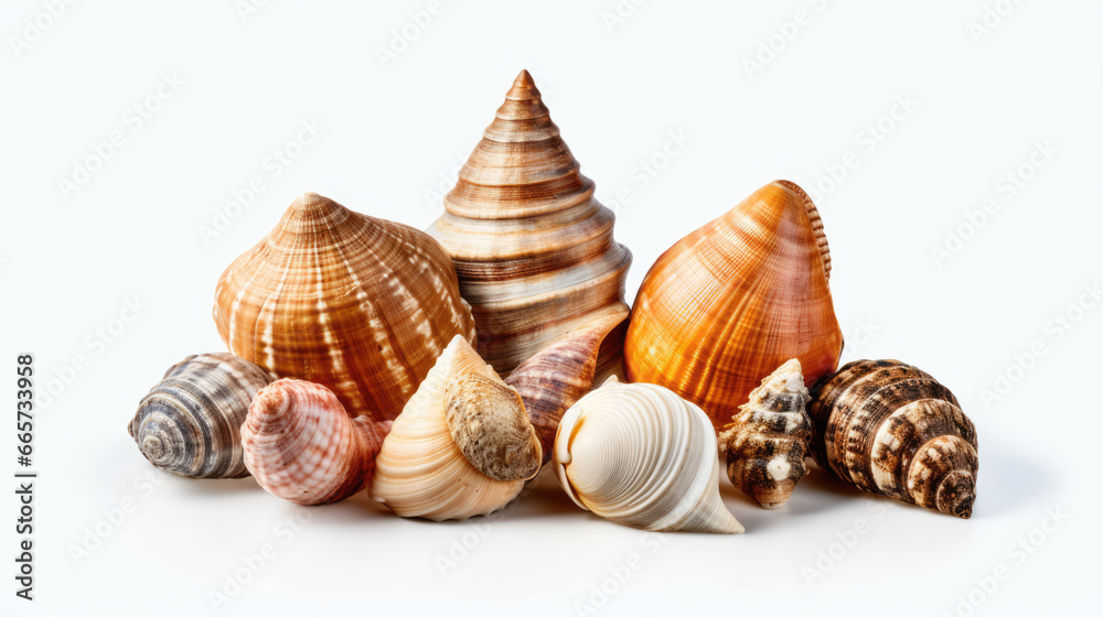 Beautiful sea shells resting gracefully on a pristine white background, a serene touch of the beach Beautiful sea shells resting gracefully on a pristine white background, a serene touch of the beach