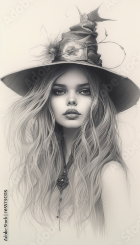 A beautiful young witch sketch charcoal. Illustration. Created with generative ai technology