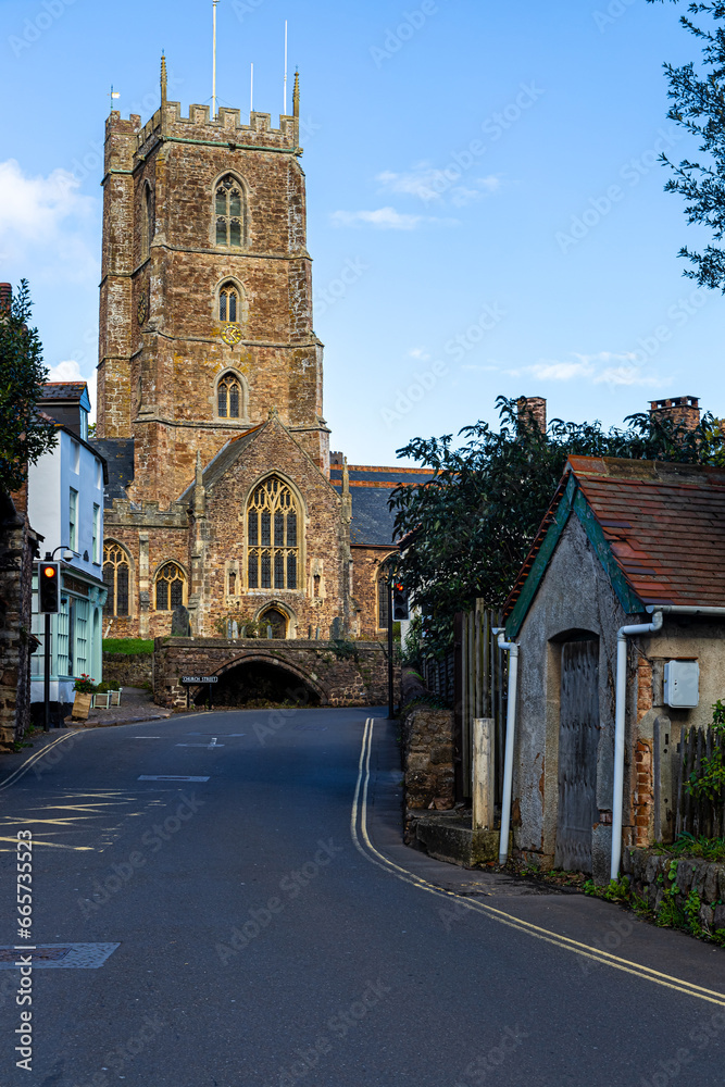 View of Dunster, a village and civil parish in Somerset, England, within the north-eastern boundary of Exmoor National Park