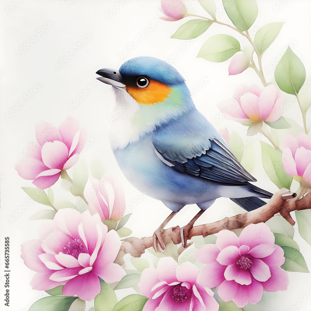Bird Sitting on Spring Branch Acrylic Painting. AI generative. 