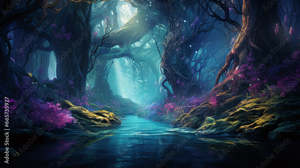 An entrancing forest illuminated by otherworldly hues of spiritual turquoise and beguiling lavender, transporting one to a whimsical universe.