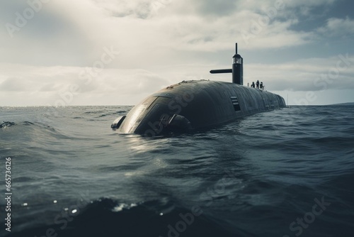A surfaced submarine in the ocean. Advanced technology employed. Generative AI
