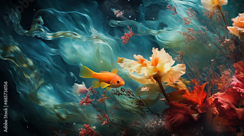 Goldfish Gliding in Dreamlike Aqua-Blue Waters Adorned with Vibrant Orange & Red Flowers - Melding Nature's Artistry and Serenity. © Modern Artizen