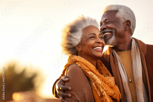 An elderly dark-skinned couple  a man and a woman  hugging in an autumn park. They look at each other with a loving gaze. Seniors dating. Relationships in old age. Love and romance.