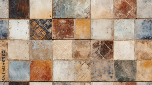 Seamless vintage geometric tiles with a worn look adorn a shabby concrete wall..