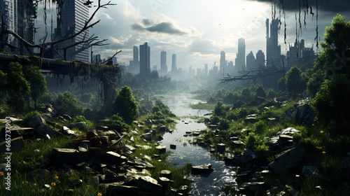 A cityscape reclaimed by nature in a post-apocalyptic world, depicted through 3D rendering..