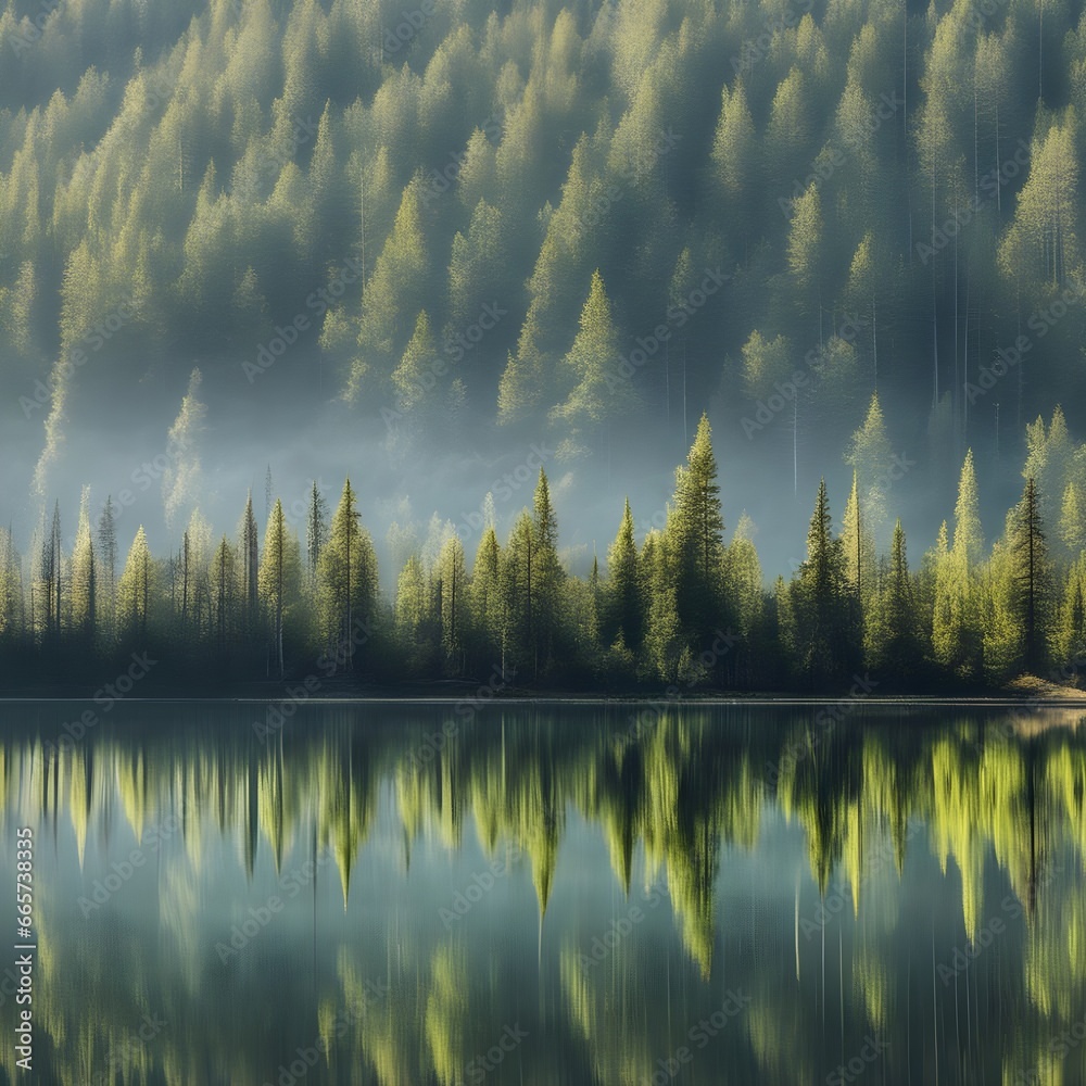A crystal-clear reflection of a tranquil forest in a glassy lake.