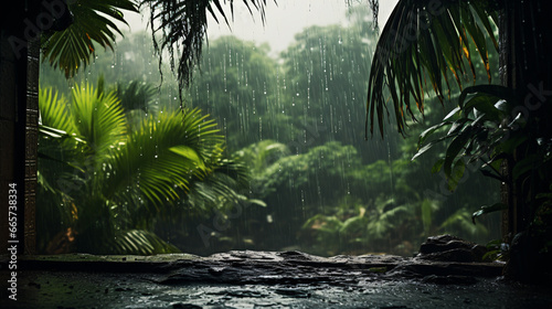 Rainfall in the tropics  during off-season or monsoon  showers the palms of a lush garden.