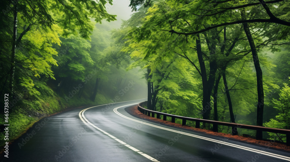 A serene and inviting summer landscape with a deserted asphalt road cutting through a lush woodland, perfect for a tranquil journey.. A serene and inviting summer landscape with a deserted asphalt road cutting through a lush woodland, perfect for a tranquil journey..