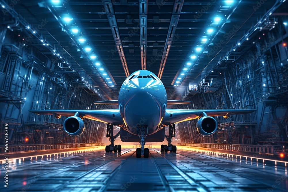 Obraz premium Airplane in the hangar at night. 3d rendering. Computer digital drawing.