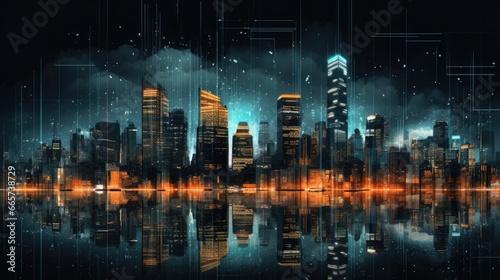 Glitched cityscape at night with fragmented buildings, flickering lights, and urban landscape. Abstract and distorted, showcasing glitched architecture and city lights