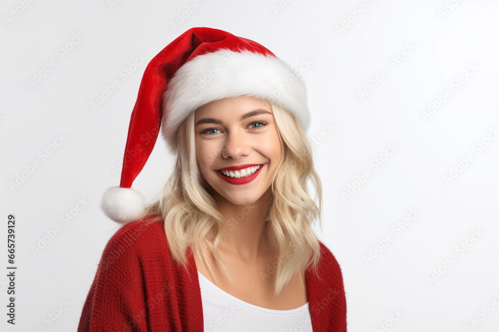 Cheerful blonde kindergarten and elementary school girl is dressed red green Santa Claus sweater with a matching red Santa hat, smiles radiantly against white backdrop. Generative AI. Cheerful blonde kindergarten and elementary school girl is dressed red green Santa Claus sweater with a matching red Santa hat, smiles radiantly against white backdrop. Generative AI.