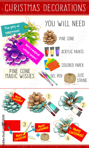 Pine cone magic wishes for Christmas. Easy-to-make Christmas decorations. Step-by-step instruction.  Christmas game for kids. A page for a book, flyer, banner. Vector illustration.