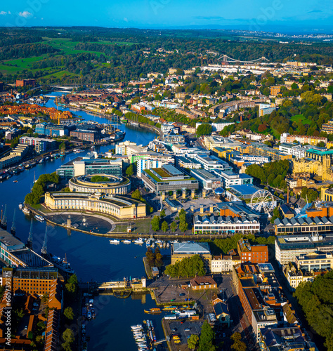 Aerial view of central Bristol in sunny morning, England