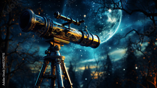 A telescope's silhouette set against a starry night sky, portraying the essence of astronomy and stargazing.. photo