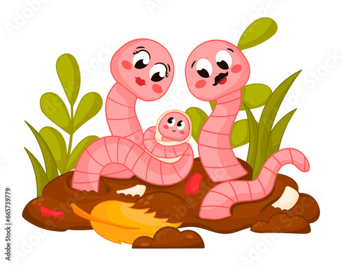 Cute cartoon earthworm family characters holding newborn and sitting on the ground