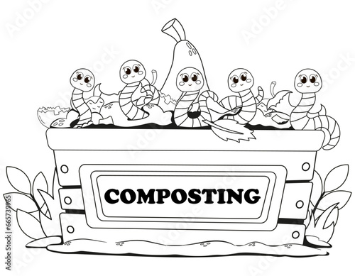 Cute printable coloring page for kids with cartoon worm characters having fun in box for organic garbage