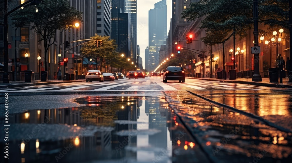 Rainy city street with pouring rain, reflecting on the wet pavement. Hyper-realistic image capturing a sharp-focus urban landscape in heavy downpour. Perfect for weather or urban-themed projects