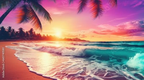 Vibrant tropical beach scene with crystal-clear waters, palm trees, and a vivid sky in shades of pink, purple, and orange. The serene atmosphere is enhanced by the swaying palm trees and gentle breez photo