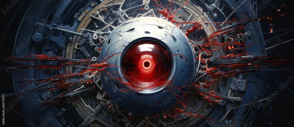 Robotic blue eye,realistic close up view, panorama. A futuristic glowing eye that has undergone a complex scanning process.