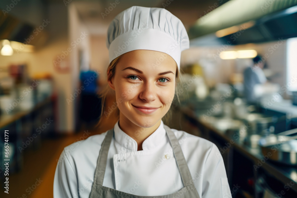 A female chef is standing in a food restaurant's kitchen. A female waitress smiling in a busy restaurant.