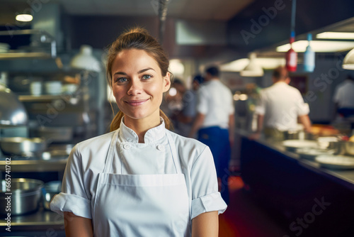 A female chef is standing in a food restaurant s kitchen. A female waitress smiling in a busy restaurant.