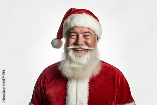 A warm and kind hearted father dons a Santa Claus suit, and his smile radiates in front of a pure white backdrop. Generative AI.