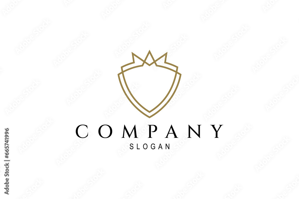 Shield logo line art design template with Luxury Crown symbol Shield logo line art design template with Luxury Crown symbol