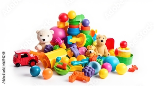 Vibrant and playful colorful toys on a clean white canvas, sparking joy and imagination in children © STOCK-AI