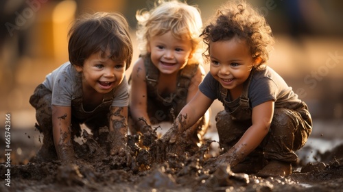 smiling happiness kid playing with mud dirt outdoor backyard garden carefree leisure activity game outdoor sport playing exercise Montessori method education photo