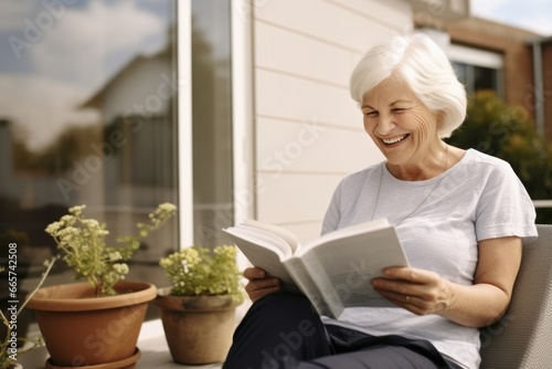 reading relax casual old senior pension woman reading novel book peaceful happiness in balcony garden backyard healthy lifestyle
